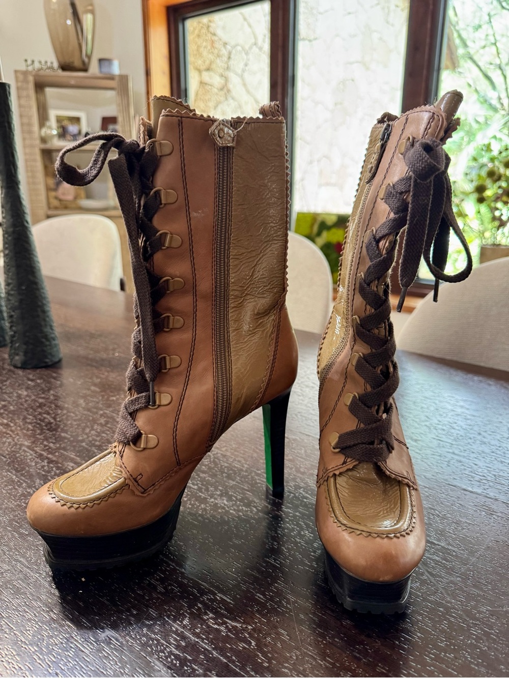 Donald J. Pliner Tan Lace-Up Platform Ankle Heeled Boots